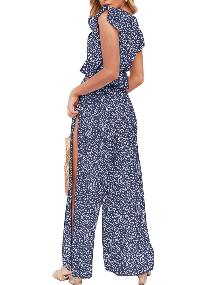 FANCYINN Womens Floral 2 Pieces Outfits Ruffle Deep V Neck Crop Top Side Slit Drawstring Wide Leg Pants Set Jumpsuits XL - Image 2